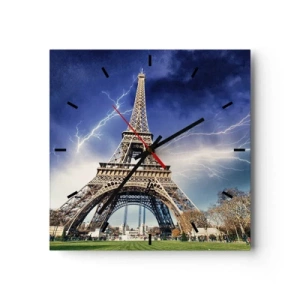 Orologio da parete - Orologio in Vetro - La Torre Eiffel con un cielo tempestoso e fulmini sullo sfondo - 30x30cm - La signora delle tempeste - Decorazione murale moderna per soggiorno e camera da letto ARTTOR