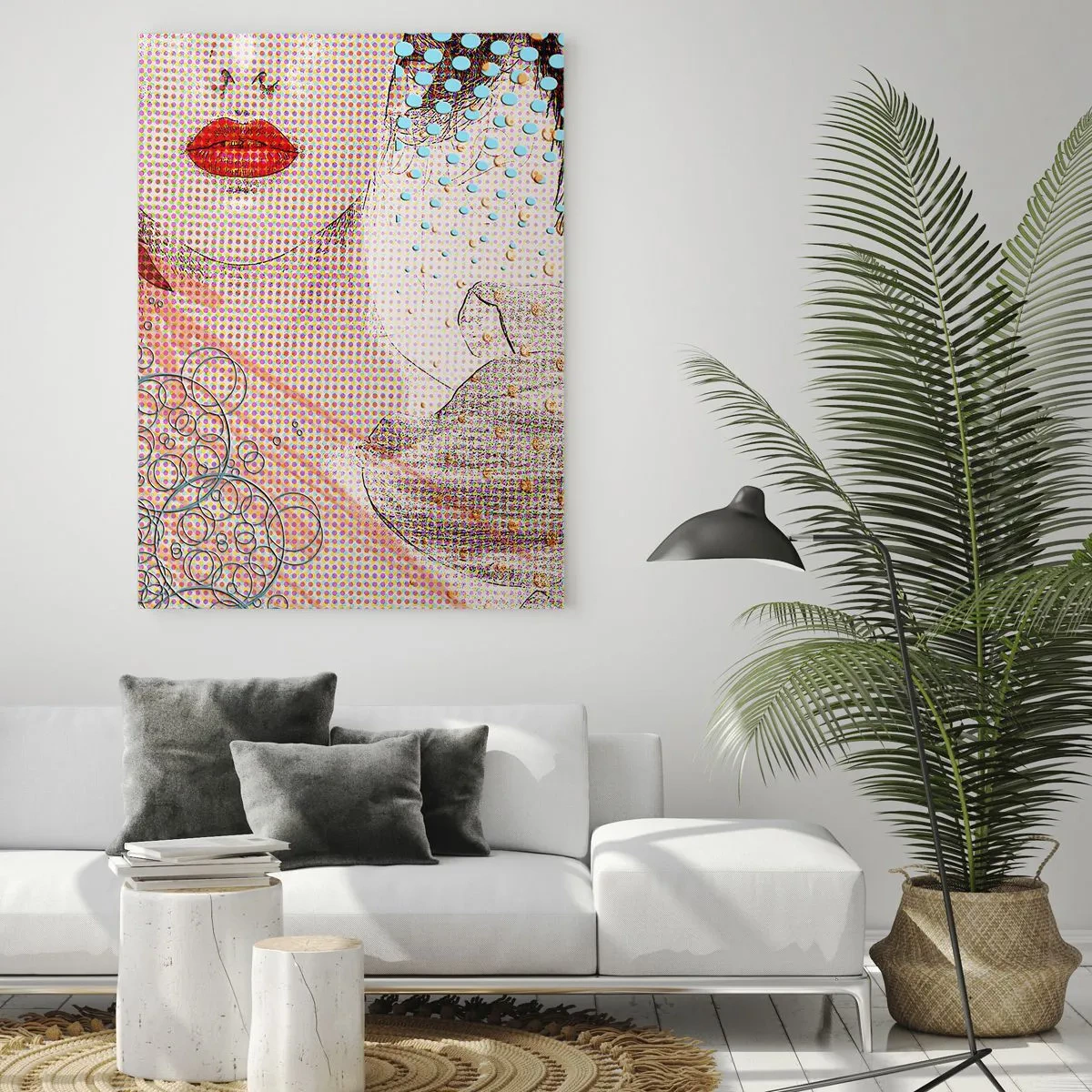 Quadro su vetro - Illustrazione di un ritratto di una donna con un fiore sullo sfondo in stile pop art - 50x70cm - Eroina dei fumetti - Decorazione murale moderna per soggiorno e camera da letto ARTTOR