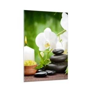 Quadro su vetro - Orchidee, candele e pietre immerse nella natura - 70x100cm - Tocco delicato, fragrante, floreale - Decorazione murale moderna per soggiorno e camera da letto ARTTOR