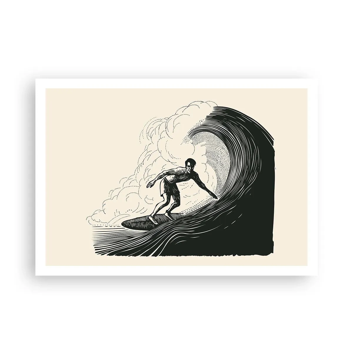 Poster - Grafica in bianco e nero di un surfista che cavalca un'onda - 100x70cm - Il re delle onde - Decorazione murale moderna per soggiorno e camera da letto ARTTOR