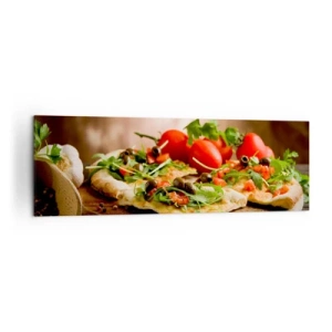Quadro su tela - Stampe su Tela - Pizza con verdure su tagliere di legno in stile rustico - 160x50cm - Direttamente dal forno e dal giardino - Decorazione murale moderna per soggiorno e camera da letto ARTTOR