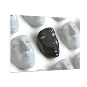 Quadro su vetro - Una maschera in bianco e nero su uno sfondo di maschere bianche su uno sfondo chiaro - 100x70cm - Come distinguersi? - Decorazione murale moderna per soggiorno e camera da letto ARTTOR
