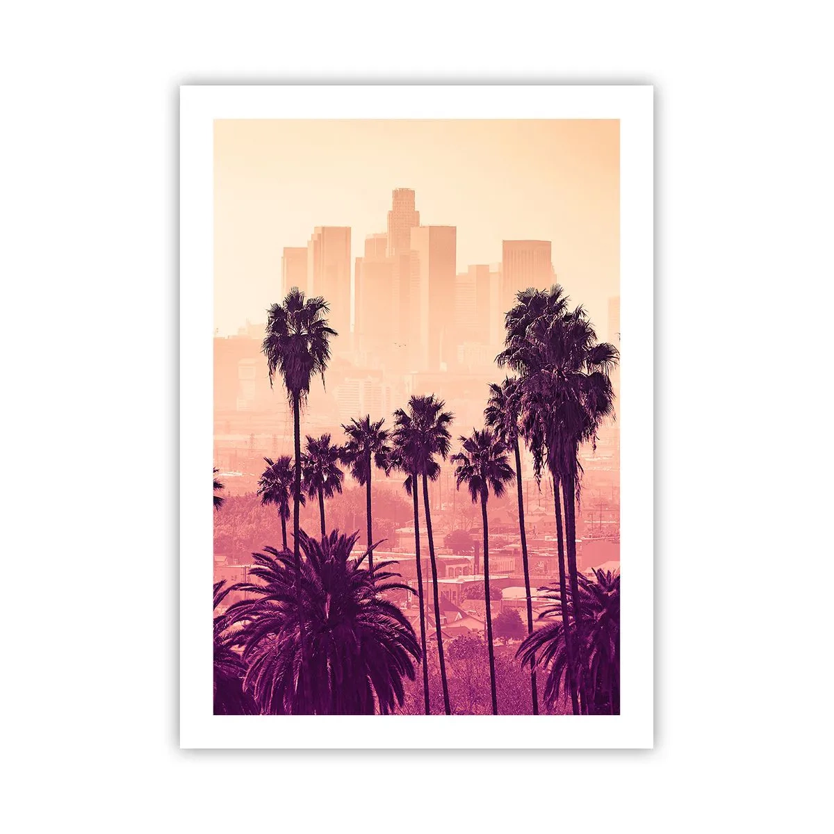 Poster - Palme sullo sfondo della città al tramonto - 50x70cm - Paesaggio della California - Decorazione murale moderna per soggiorno e camera da letto ARTTOR