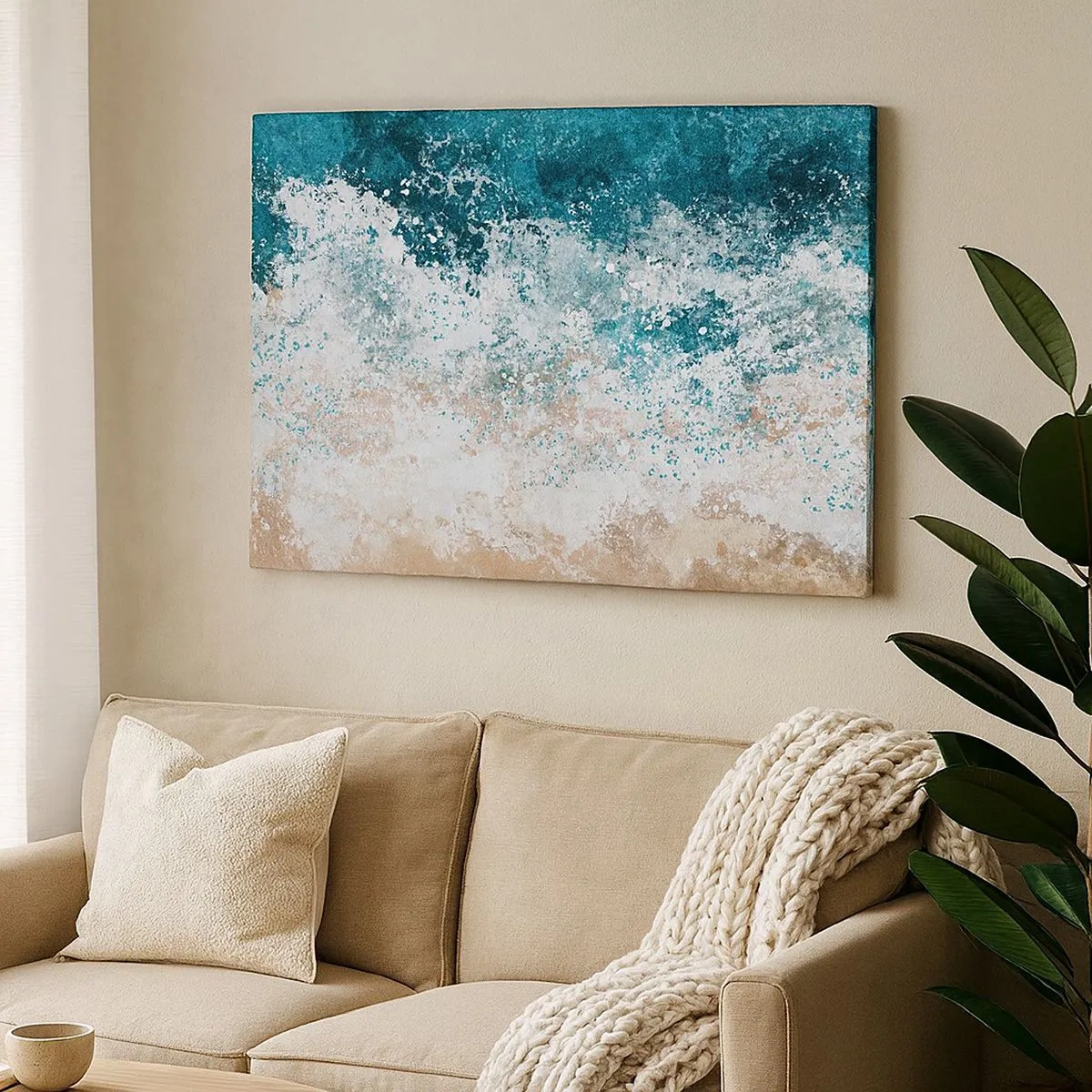 Quadro su tela - Stampe su Tela - Onda marina astratta nelle tonalità turchese e beige - 70x50cm - Storie di mare - Decorazione murale moderna per soggiorno e camera da letto ARTTOR
