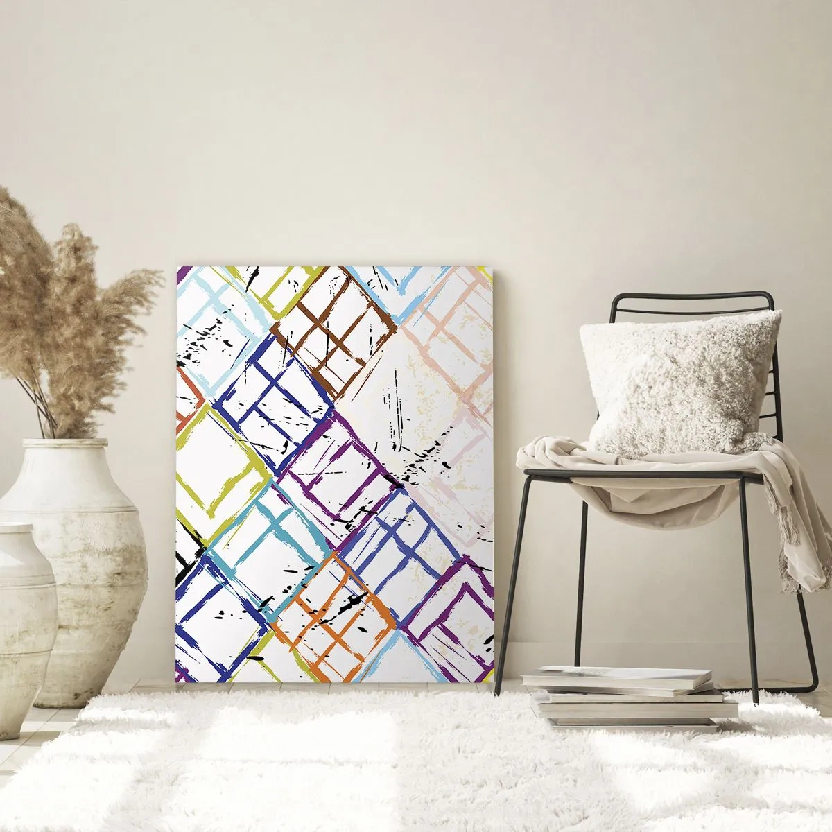 Quadro su vetro - Astrazione colorata con forme geometriche su sfondo bianco - 80x120cm - Cellule in affitto - Decorazione murale moderna per soggiorno e camera da letto ARTTOR