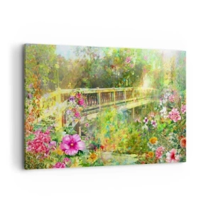 Quadro su tela - Stampe su Tela - Un ponte circondato da una vegetazione lussureggiante e fiori - 100x70cm - Il ponte dei sospiri primaverili - Decorazione murale moderna per soggiorno e camera da letto ARTTOR