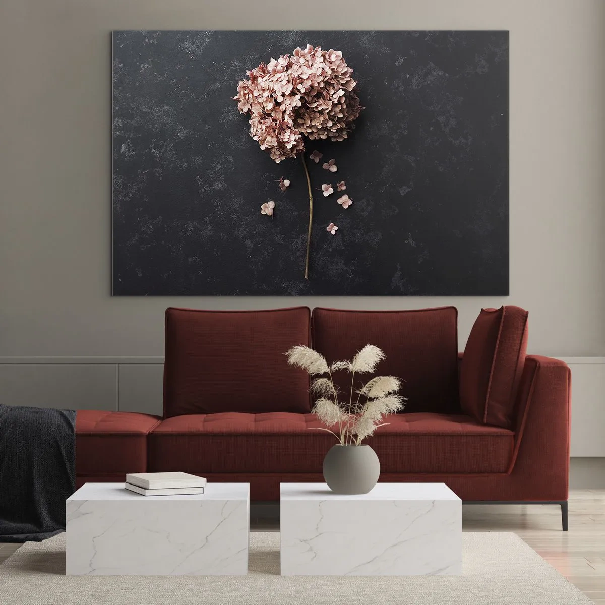 Quadro su vetro - Ortensia secca con petali sparsi su sfondo scuro - 70x50cm - Un vero segno romantico - Decorazione murale moderna per soggiorno e camera da letto ARTTOR