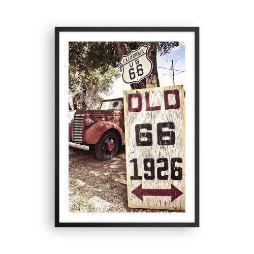 Poster in cornice nera - Vettura d'epoca al cartello della Route 66 - 50x70cm - La leggenda della provincia americana - Decorazione murale moderna per soggiorno e camera da letto ARTTOR