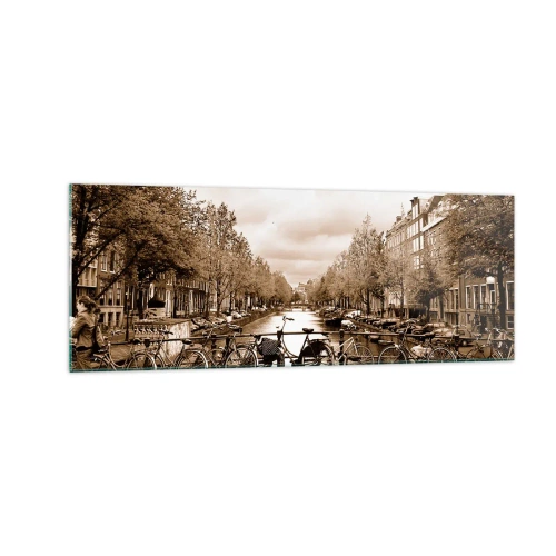 Quadro su vetro - Ponte ciclabile sul canale in seppia - 140x50cm - Atmosfera olandese - Decorazione murale moderna per soggiorno e camera da letto ARTTOR