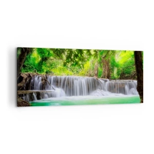 Quadro su tela - Stampe su Tela - Una cascata verde circondata da una fitta vegetazione tropicale - 120x50cm - Cascata nel verde - Decorazione murale moderna per soggiorno e camera da letto ARTTOR