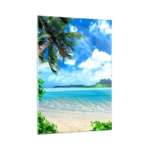Quadro su vetro - Una spiaggia tropicale con palme e vista su un'isola montuosa - 50x70cm - L'azzurro dei tropici - Decorazione murale moderna per soggiorno e camera da letto ARTTOR