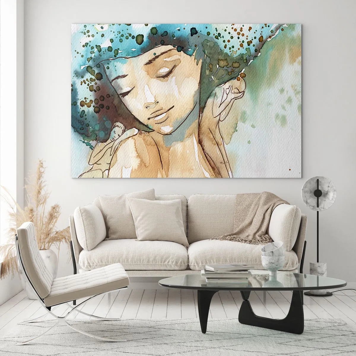 Quadro su vetro - Ritratto ad acquerello di una donna con gli occhi chiusi - 100x70cm - Lady in blue - Decorazione murale moderna per soggiorno e camera da letto ARTTOR