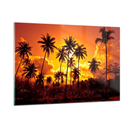 Quadro su vetro - Palme sullo sfondo di un tramonto infuocato - 120x80cm - Bruciano i monti, bruciano i boschi - Decorazione murale moderna per soggiorno e camera da letto ARTTOR