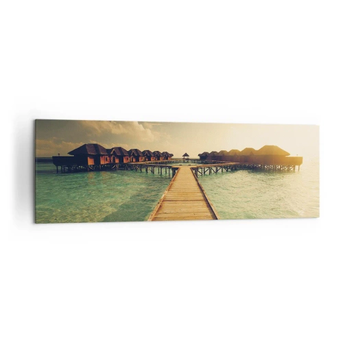 Quadro su tela - Stampe su Tela - Un molo di legno che conduce alle case sull'acqua, illuminate dai raggi del sole. - 160x50cm - Caldo invito - Decorazione murale moderna per soggiorno e camera da letto ARTTOR