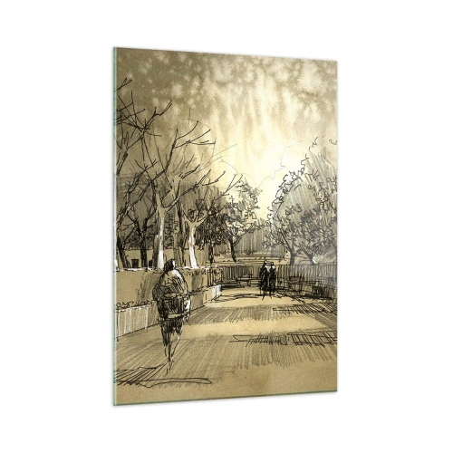 Quadro su vetro - Un disegno di un parco con sentieri e persone che camminano - 50x70cm - Attimo fermato con la penna - Decorazione murale moderna per soggiorno e camera da letto ARTTOR