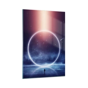 Quadro su vetro - Un paesaggio magico con una figura e un cerchio di luce di notte - 80x120cm - Sono già qui... - Decorazione murale moderna per soggiorno e camera da letto ARTTOR