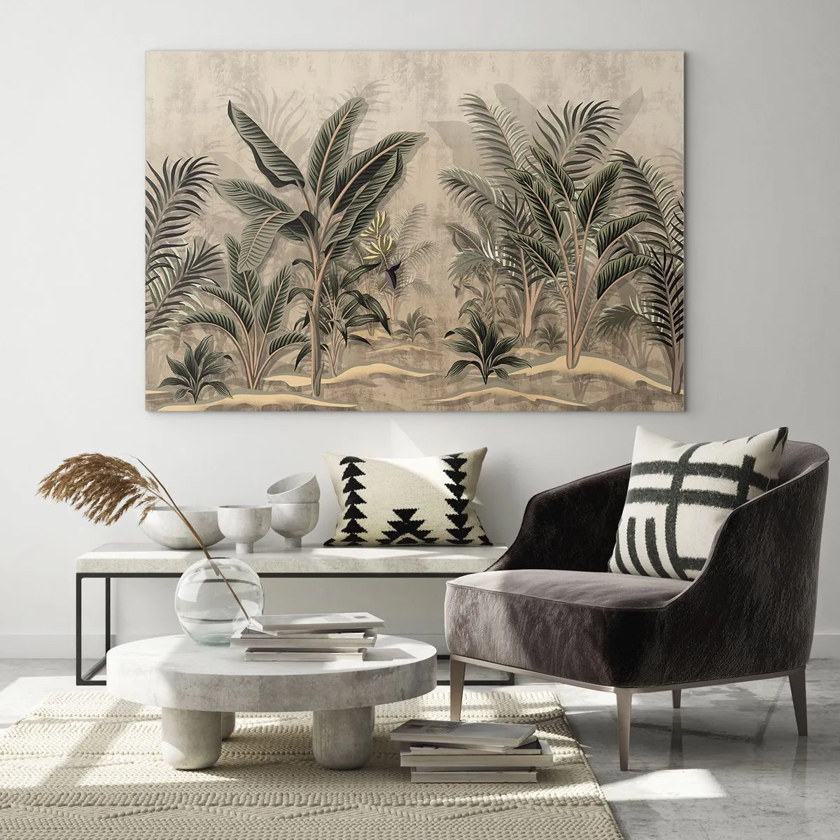 Quadro su vetro - Piante tropicali su sfondo beige in stile coloniale - 70x50cm - Incisione in stile coloniale - Decorazione murale moderna per soggiorno e camera da letto ARTTOR