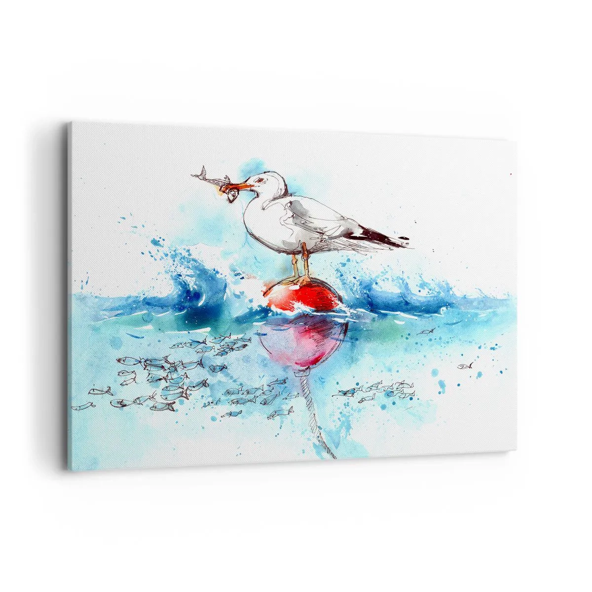 Quadro su tela - Stampe su Tela - Gabbiano su una boa con pesci sullo sfondo in stile acquerello - 120x80cm - Buona pesca - Decorazione murale moderna per soggiorno e camera da letto ARTTOR