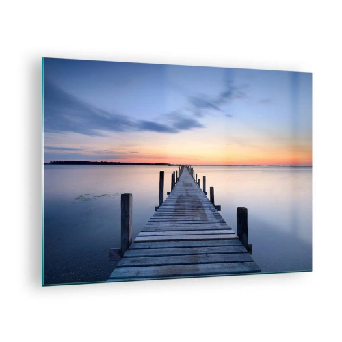 Quadro su vetro - Un molo di legno su un lago calmo al tramonto - 70x50cm - La calma di un dolce tramonto - Decorazione murale moderna per soggiorno e camera da letto ARTTOR
