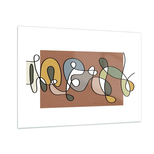 Quadro su vetro - Astrazione colorata con una linea nera su uno sfondo marrone - 100x70cm - Un'astrazione da ridere - Decorazione murale moderna per soggiorno e camera da letto ARTTOR