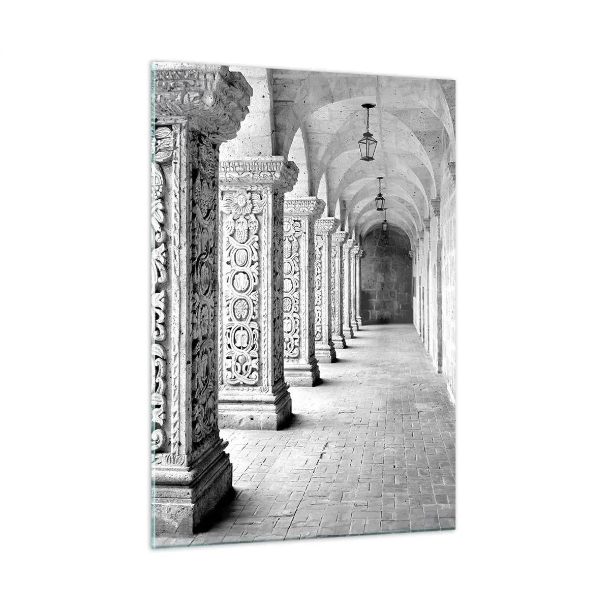 Quadro su vetro - Chiostro storico con colonne scolpite - 50x70cm - Dove porterà? - Decorazione murale moderna per soggiorno e camera da letto ARTTOR