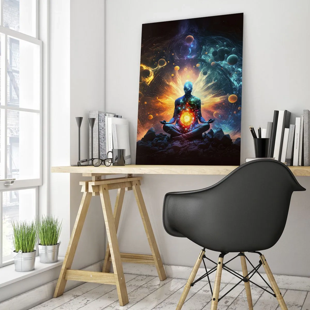 Quadro su vetro - Una figura in meditazione circondata da un'aura cosmica - 80x120cm - Pace cosmica - Decorazione murale moderna per soggiorno e camera da letto ARTTOR