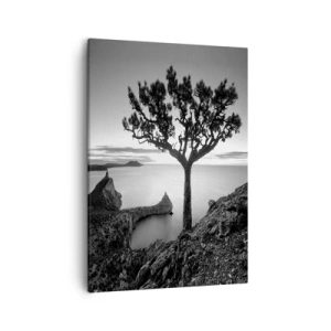 Quadro su tela - Stampe su Tela - Paesaggio in bianco e nero con un albero solitario su una scogliera a picco sul mare - 50x70cm - Pace fino all'orizzonte - Decorazione murale moderna per soggiorno e camera da letto ARTTOR
