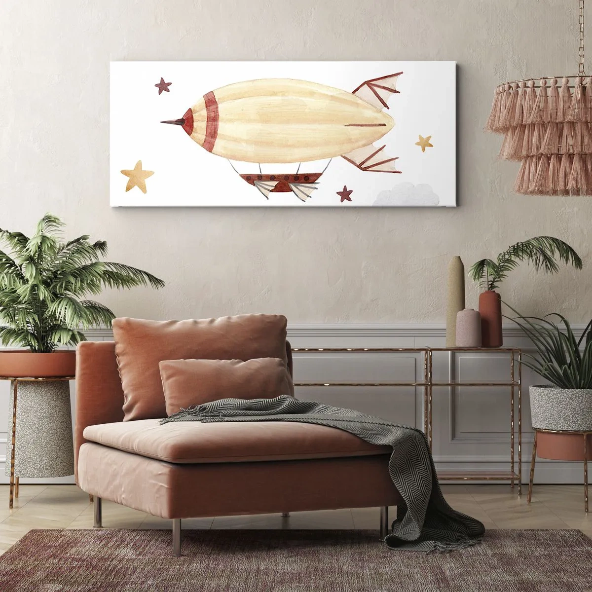Quadro su tela - Stampe su Tela - Un dirigibile dipinto a mano su uno sfondo di stelle - 160x50cm - Nave volante - Decorazione murale moderna per soggiorno e camera da letto ARTTOR