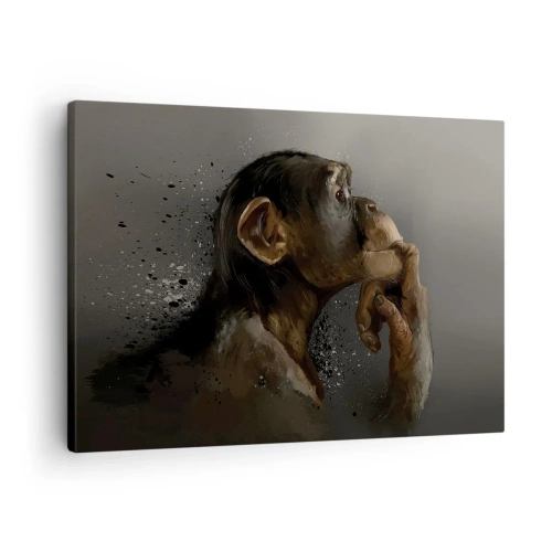 Quadro su tela - Stampe su Tela - Ritratto di una scimmia in posa riflessiva su uno sfondo grigio - 70x50cm - Sicuramente un pensatore - Decorazione murale moderna per soggiorno e camera da letto ARTTOR