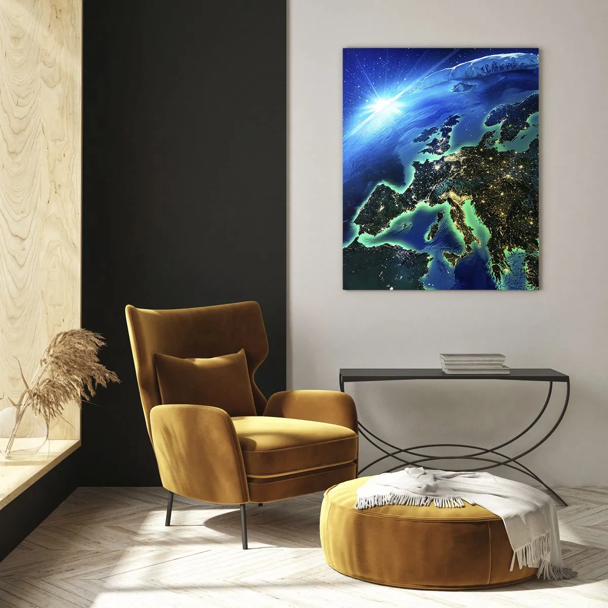 Quadro su vetro - Vista della Terra dallo spazio con Europa che brilla di notte - 50x70cm - L'Europa scintillante - Decorazione murale moderna per soggiorno e camera da letto ARTTOR