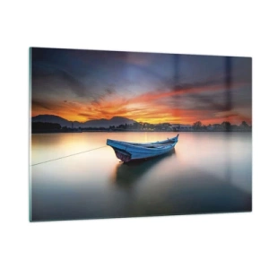 Quadro su vetro - Barca di legno sul lago al tramonto - 120x80cm - Viene una notte buona - Decorazione murale moderna per soggiorno e camera da letto ARTTOR