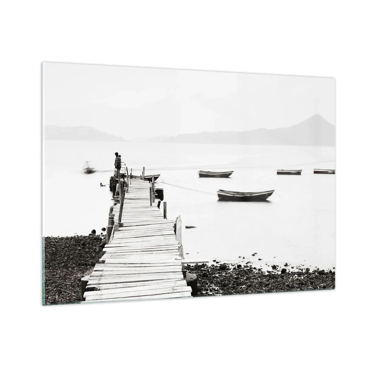 Quadro su vetro - Vista in bianco e nero di un molo di legno su un lago - 100x70cm - Sull'acqua silenziosa e pura - Decorazione murale moderna per soggiorno e camera da letto ARTTOR