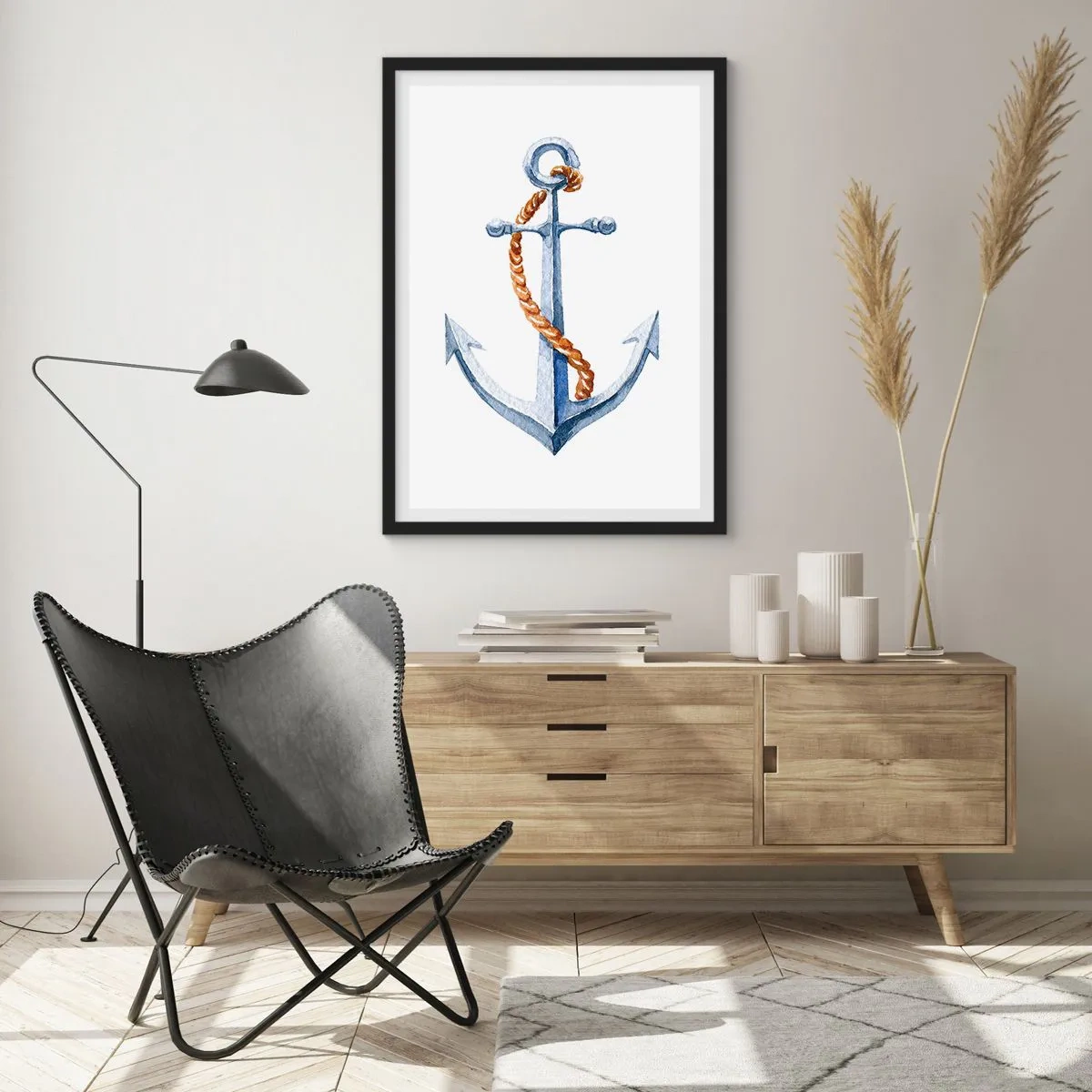 Poster in cornice nera - Ancora con corda in stile acquerello - 50x70cm - Benvenuta avventura! - Decorazione murale moderna per soggiorno e camera da letto ARTTOR