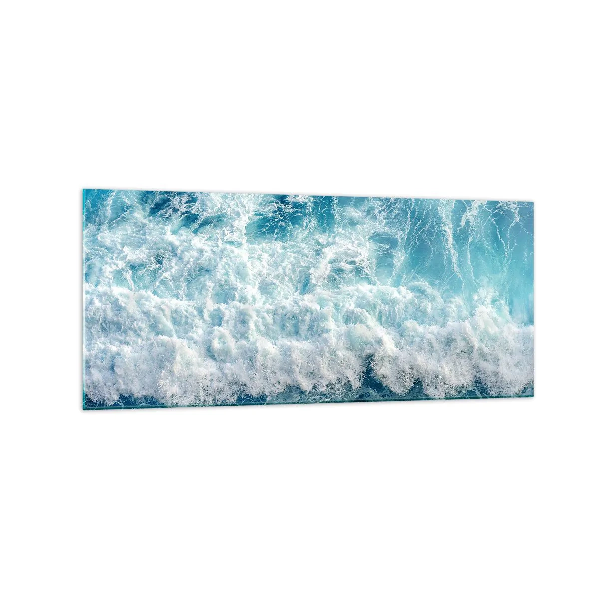 Quadro su vetro - Onde oceaniche dinamiche nelle tonalità del blu - 120x50cm - Con gioia e saltellando - Decorazione murale moderna per soggiorno e camera da letto ARTTOR