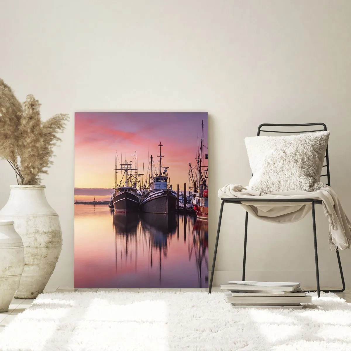 Quadro su vetro - Barche da pesca nel porto al tramonto - 70x100cm - Prima del giorno successivo - Decorazione murale moderna per soggiorno e camera da letto ARTTOR