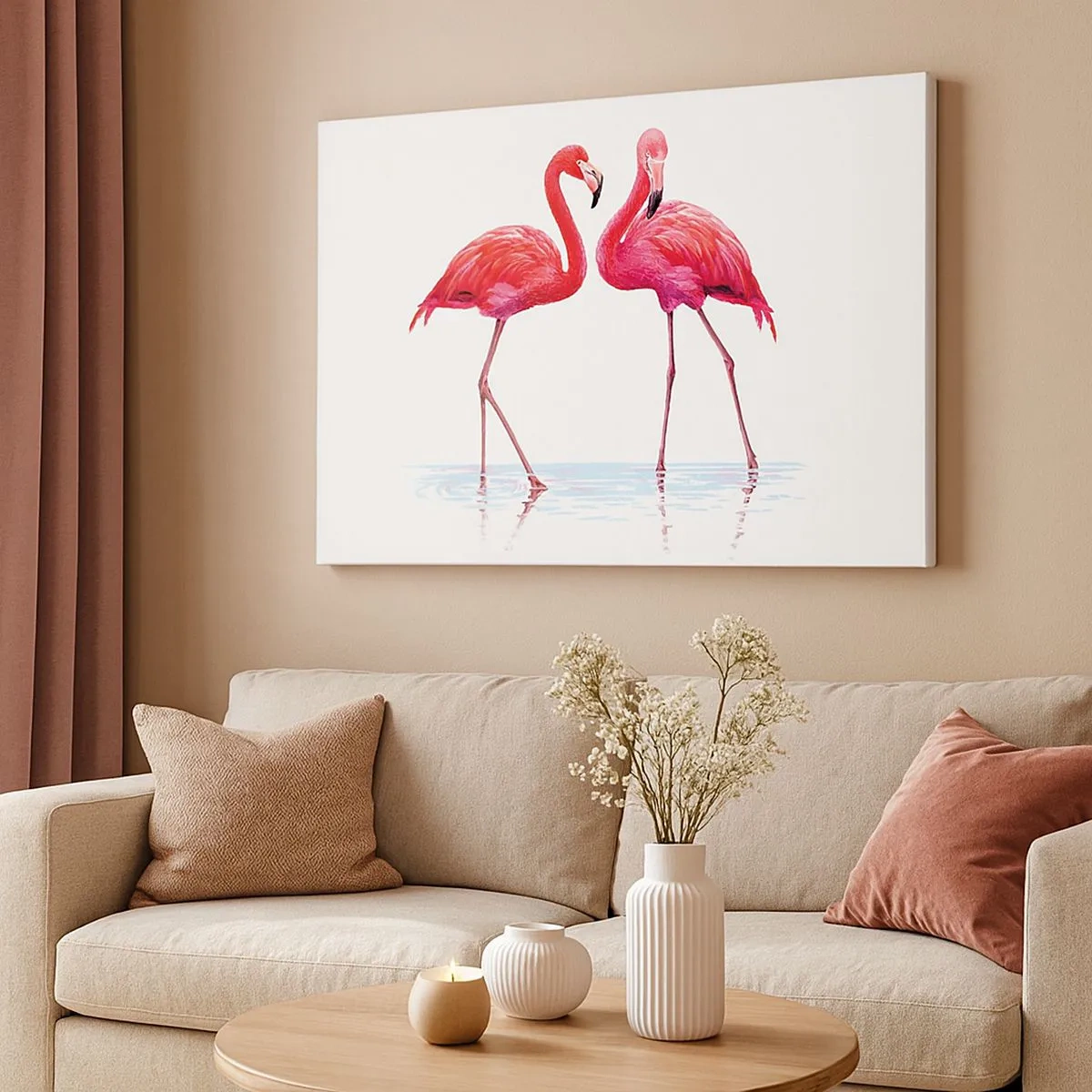 Quadro su tela - Stampe su Tela - Una coppia di fenicotteri nell'acqua su uno sfondo chiaro - 70x50cm - Appuntamento in rosa - Decorazione murale moderna per soggiorno e camera da letto ARTTOR