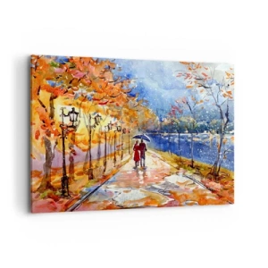Quadro su tela - Stampe su Tela - Una passeggiata autunnale nel parco sulla riva del fiume sotto l'ombrellone - 100x70cm - Insieme fino ai confini del tempo - Decorazione murale moderna per soggiorno e camera da letto ARTTOR