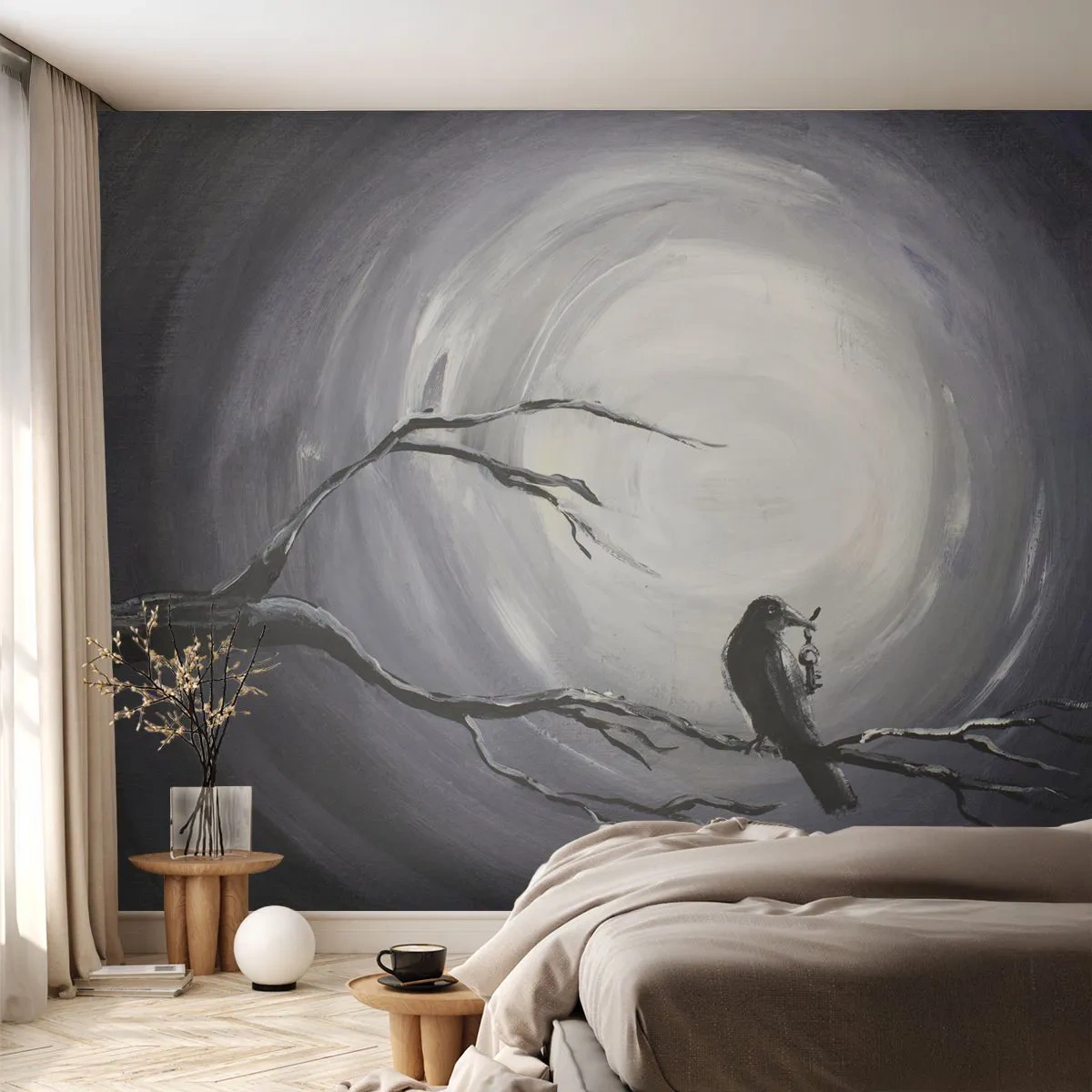 Fotomurali Premium Sand - Chiave di una notte misteriosa - Astrazione, Corvo, Uccello - 400x280 cm