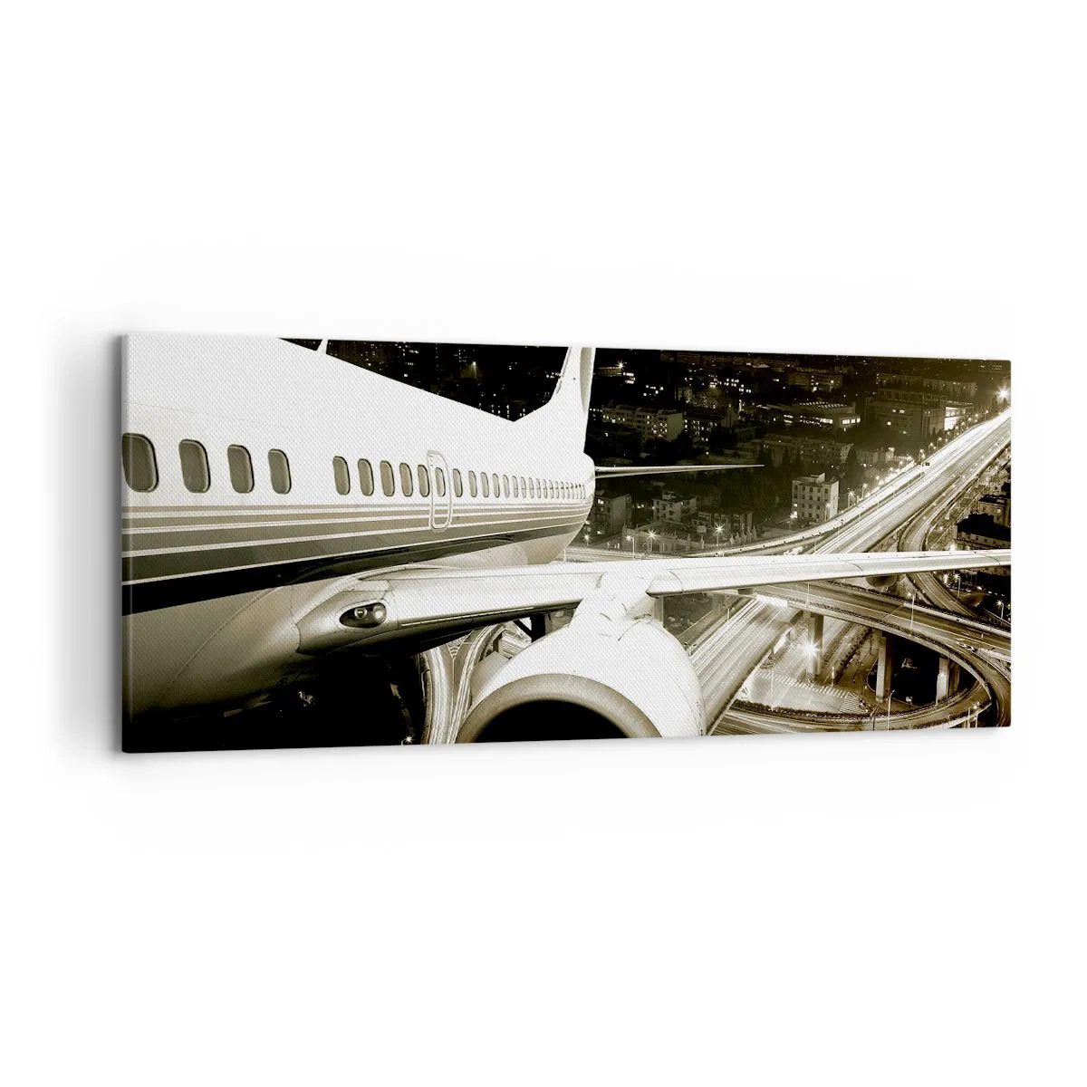 Quadro su tela - Stampe su Tela - Un aereo sopra una città notturna con autostrade illuminate - 120x50cm - Volare di notte - Decorazione murale moderna per soggiorno e camera da letto ARTTOR