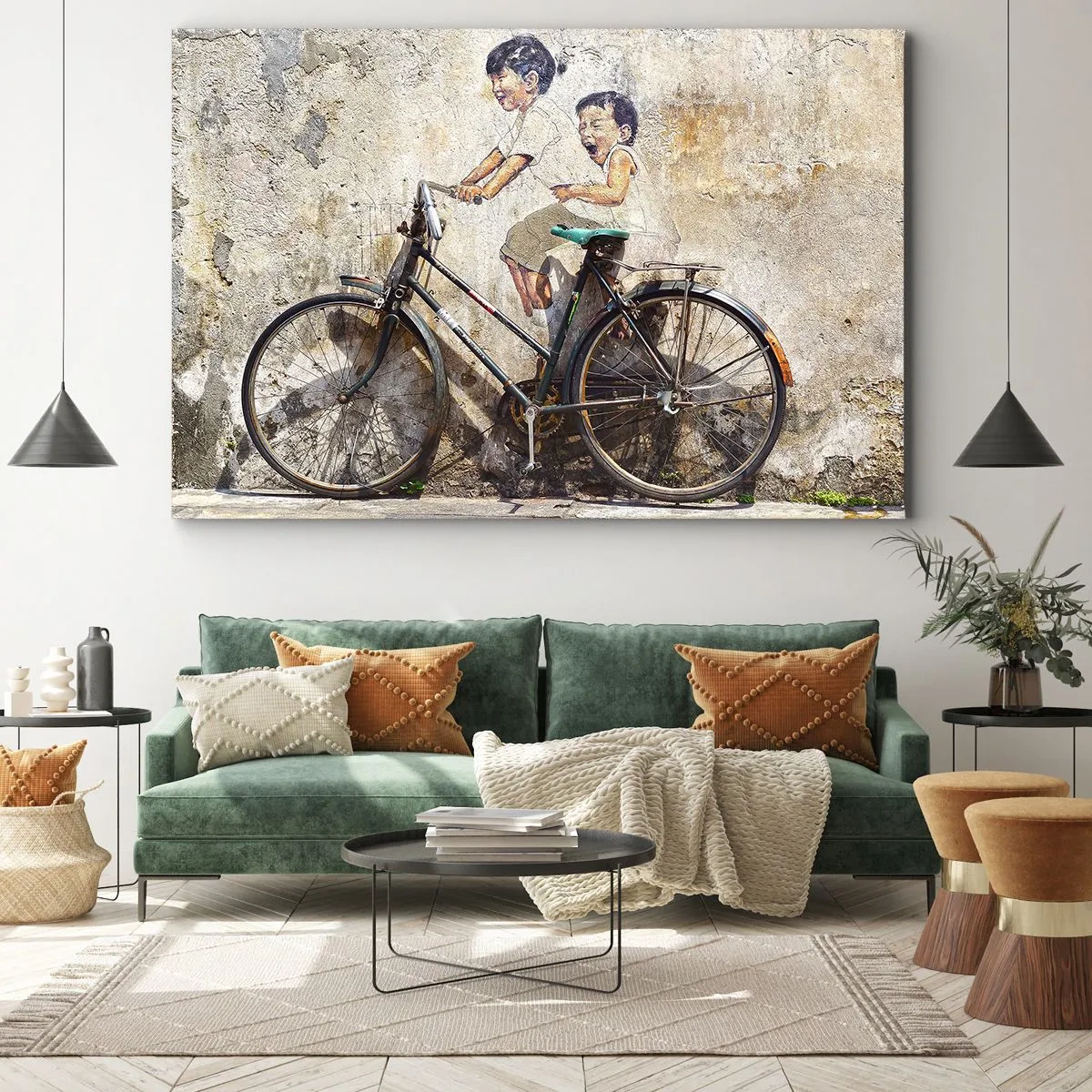 Quadro su tela - Stampe su Tela - Street art con una bicicletta e disegni di bambini sul muro - 100x70cm - Vero o falso? - Decorazione murale moderna per soggiorno e camera da letto ARTTOR