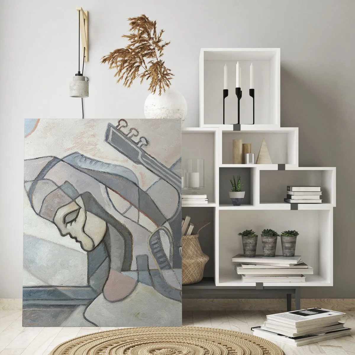 Quadro su vetro - Una figura astratta con una chitarra in colori pastello. - 80x120cm - Nel dominio della musica - Decorazione murale moderna per soggiorno e camera da letto ARTTOR