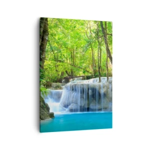 Quadro su tela - Stampe su Tela - Una cascata tra alberi verdi con acqua blu in un ambiente naturale - 50x70cm - Annegare nel turchese e nel verde - Decorazione murale moderna per soggiorno e camera da letto ARTTOR