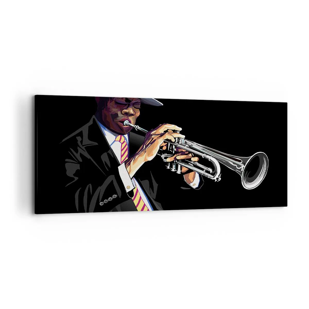 Quadro su tela - Stampe su Tela - Un musicista che suona la tromba su uno sfondo nero - 120x50cm - Il fascino della Old School - Decorazione murale moderna per soggiorno e camera da letto ARTTOR
