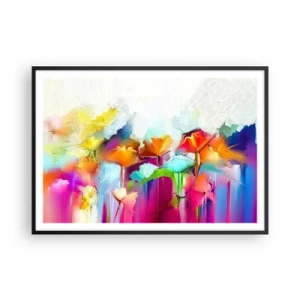 Poster in cornice nera - Fiori astratti colorati su uno sfondo chiaro - 100x70cm - L'arcobaleno è fiorito - Decorazione murale moderna per soggiorno e camera da letto ARTTOR
