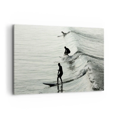 Quadro su tela - Stampe su Tela - Surfisti sulle onde in uno scatto monocromatico - 120x80cm - Onde all'incontro - Decorazione murale moderna per soggiorno e camera da letto ARTTOR