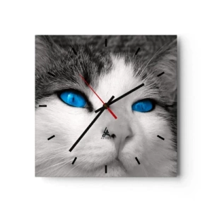 Orologio da parete - Orologio in Vetro - Ritratto di un gatto con gli occhi azzurri in stile bianco e nero - 30x30cm - Insoliti occhi azzurri - Decorazione murale moderna per soggiorno e camera da letto ARTTOR