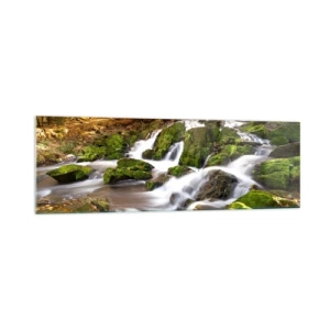 Quadro su vetro - Un paesaggio boscoso con una cascata circondata dal muschio - 160x50cm - Rapido nel bosco autunnale - Decorazione murale moderna per soggiorno e camera da letto ARTTOR