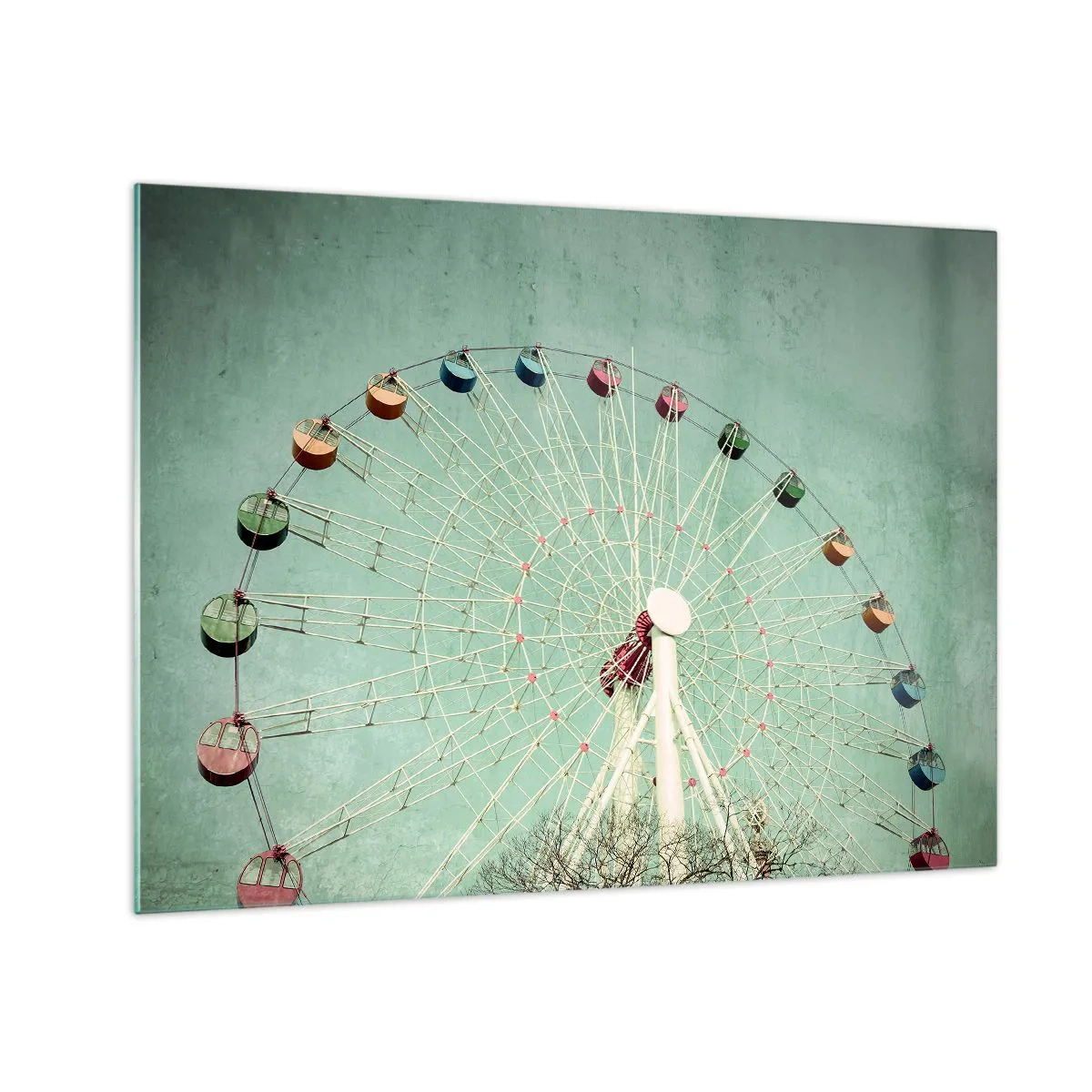 Quadro su vetro - Una ruota panoramica colorata su uno sfondo verde pastello - 70x50cm - Venite a divertirvi - Decorazione murale moderna per soggiorno e camera da letto ARTTOR