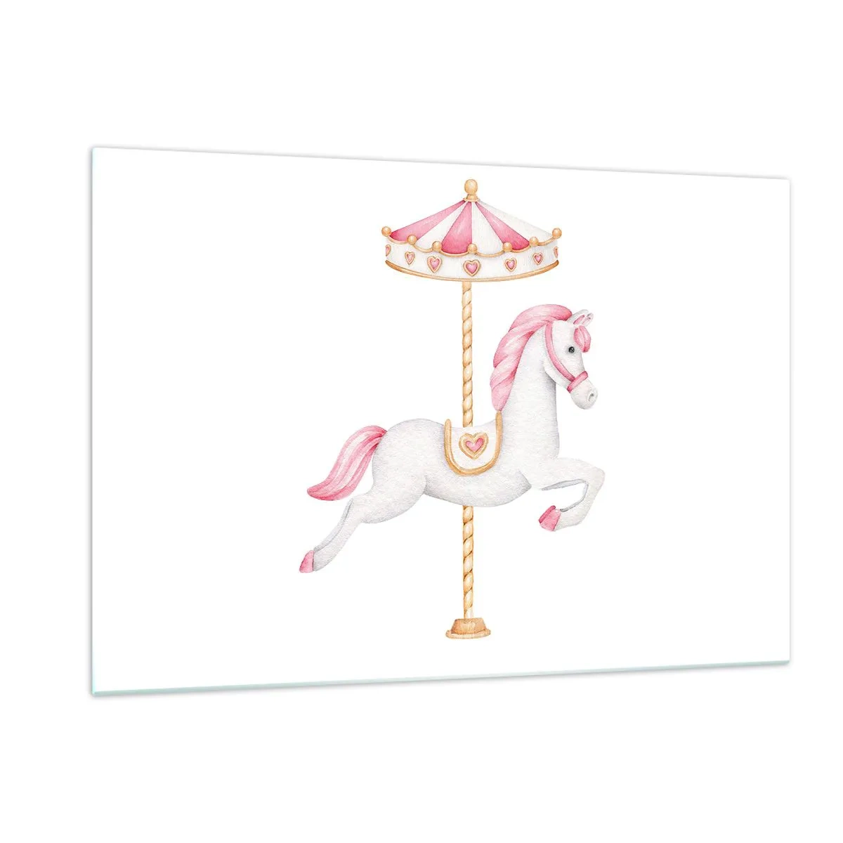 Quadro su vetro - Cavallo da giostra rosa e bianco su sfondo bianco - 120x80cm - Partito al galoppo. - Decorazione murale moderna per soggiorno e camera da letto ARTTOR