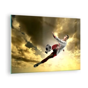 Quadro su vetro - Un giocatore di football in azione contro un cielo dorato - 70x50cm - Il cielo del calcio - Decorazione murale moderna per soggiorno e camera da letto ARTTOR
